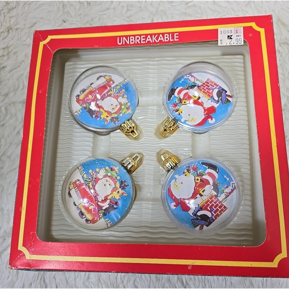4‎ Vintage Jewelbrite Round Clear/Gold Christmas Ornaments Boxed Unbreakable
